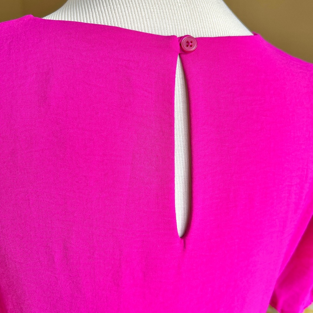 DKNY Bright Pink Tiered Baby Doll Dress Puff Sleeve Size 8 - Picture 7 of 12